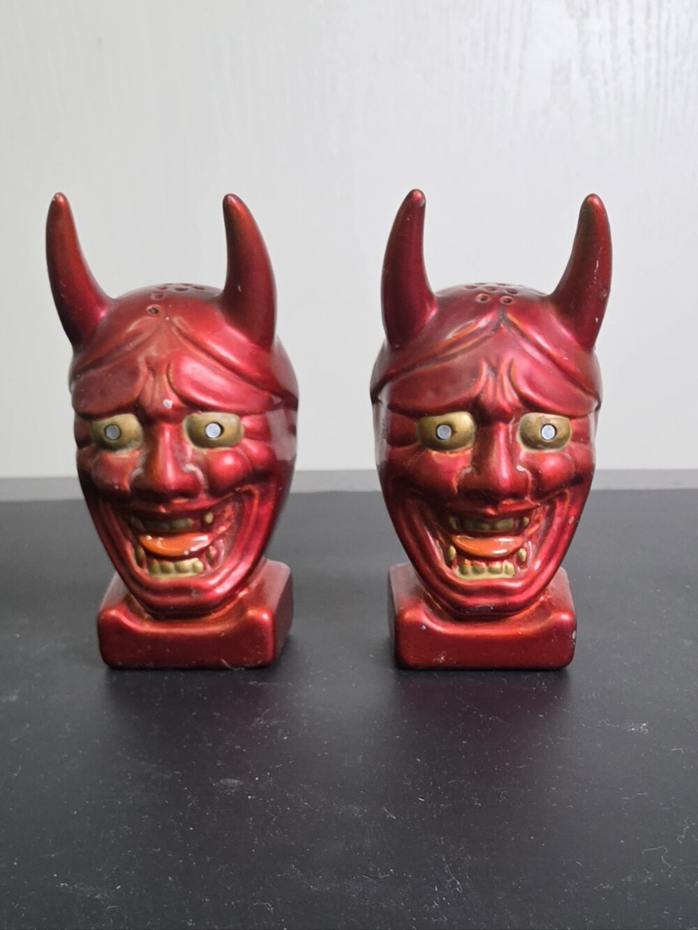 Vintage Red Hannya Mask Salt And Pepper Shakers